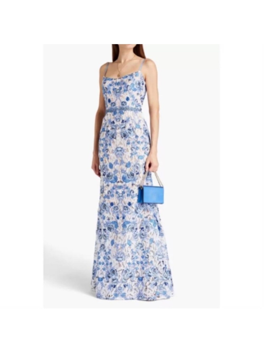 Marchesa Notte Floral Embroidered Macramé Lace Gown blue white dress Size 6